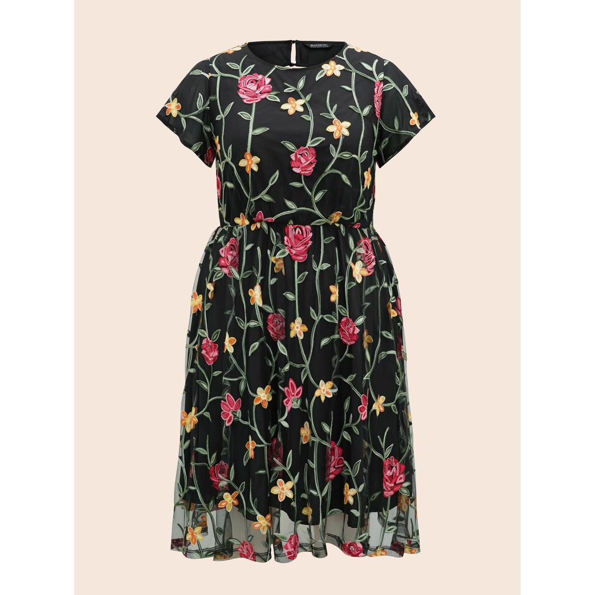 Plus Size Floral Embroidered Mesh Backless Dress Black Women Formal Texture Round Neck Cap Sleeve Curvy BloomChic 14-16/1X Product Image