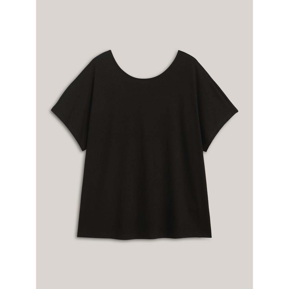 Plus Size Backless Knotted Plain T-Shirt Black Women Leisure Twist Round Neck Casual T-shirts BloomChic 26/4X Product Image