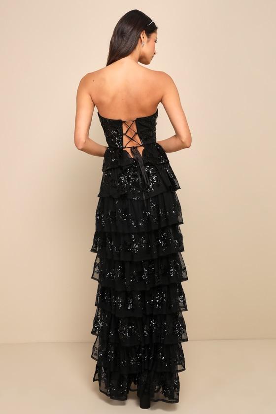 Definite Glamour Black Sequin Strapless Bustier Maxi Dress Product Image