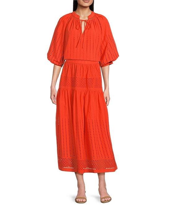 Gibson & Latimer Eyelet Woven Tie Split V-Neck 3/4 Bubble Sleeve Coordinating Blouse Product Image