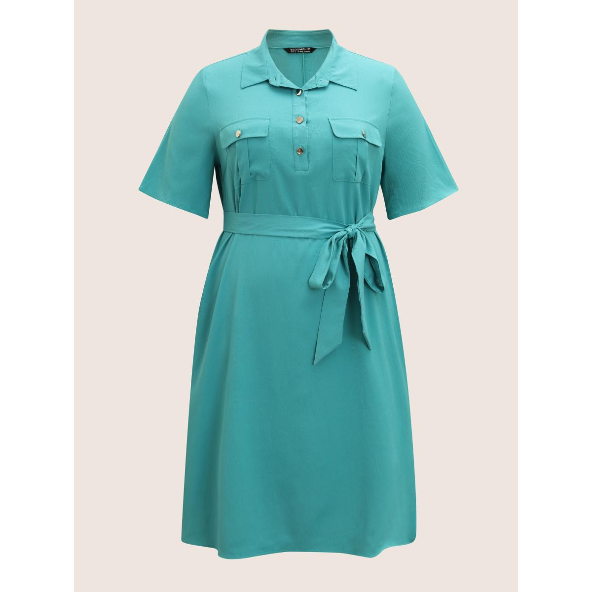 Plus Size Shirt Collar Solid Flap Pocket Split Hem Dress Turquoise Women At the Office Belted Shirt collar Half Sleeve Curvy BloomChic 18-20/2X Product Image