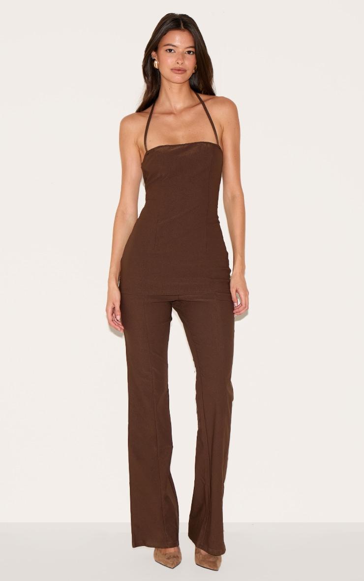 Chocolate Woven Thin Halter Overlay Detail Jumpsuit Product Image
