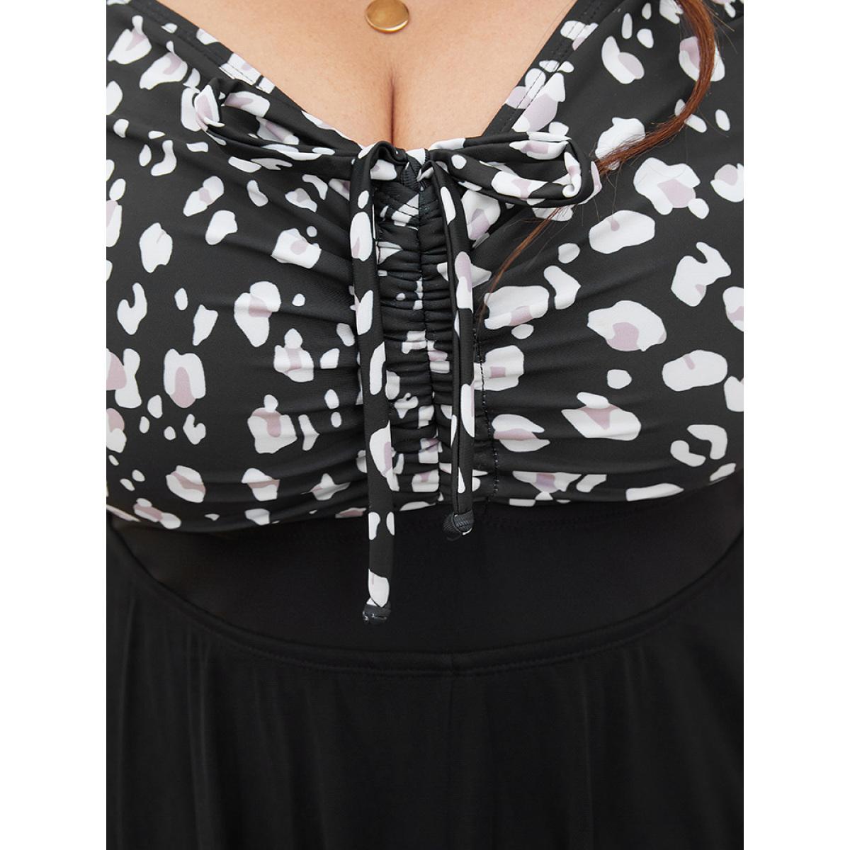 Plus Size Leopard Patchwork Drawstring Front Mesh Hanky Hem Swim Dress Women's Swimwear Black Vacation Bodycon Spaghetti Strap High stretch Curve Swim Dresses BloomChic 14-16/1X Product Image