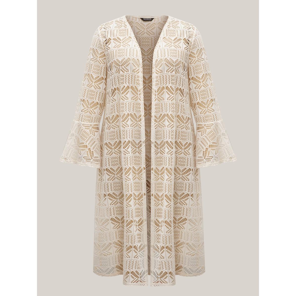 Plus Size Textured Cut-Out Ruffled Kimono Women Beige Resort See through Loose Vacation Kimonos BloomChic 14-16/1X Product Image