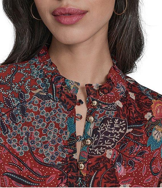 Vince Camuto Paisley Print Crew Neck Long Sleeve Button Front Dress Product Image