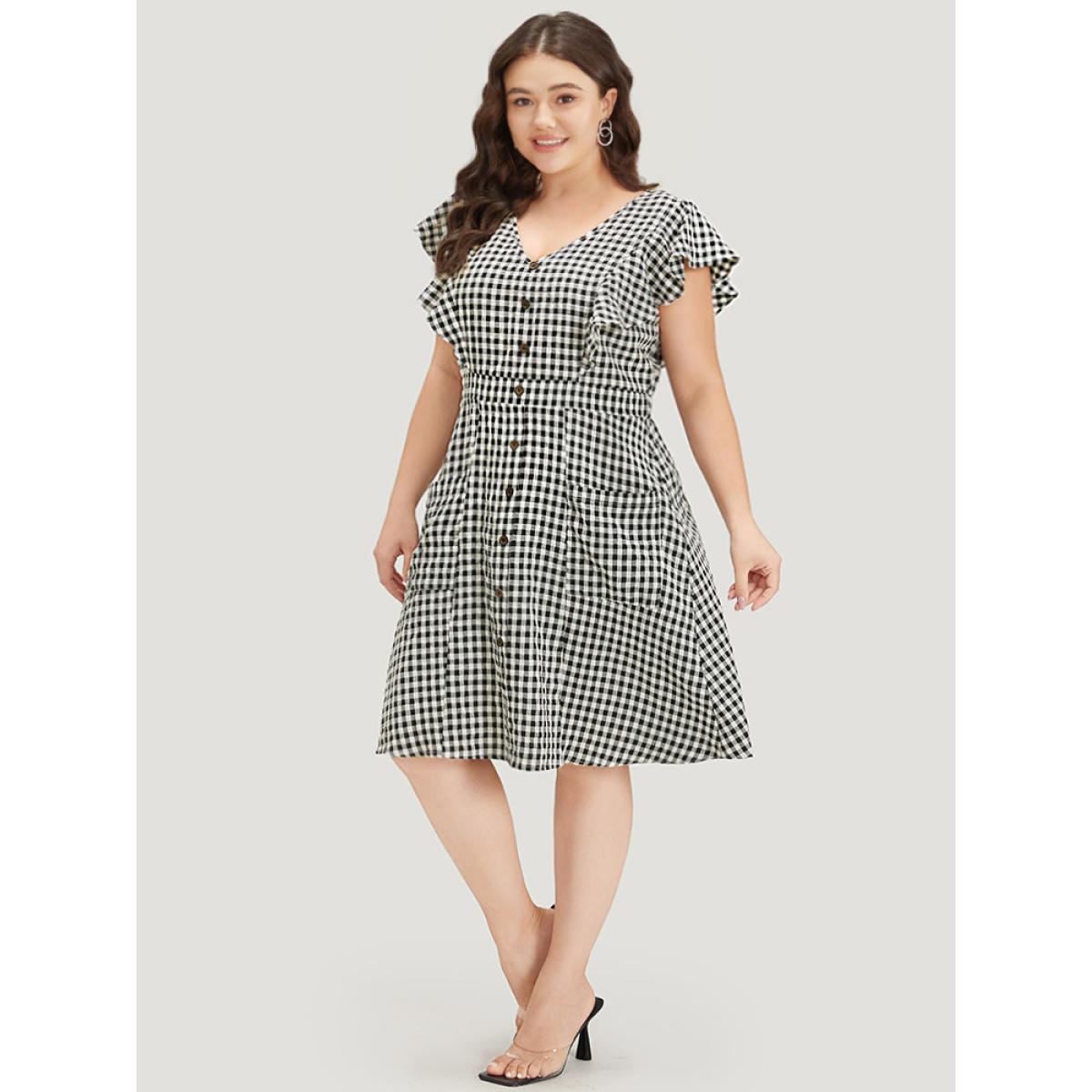 Plus Size Gingham Button Detail Pocket Ruffle Cap Sleeve Dress Black Women Elegant Button V-neck Cap Sleeve Curvy Knee Dress BloomChic 28/5X Product Image