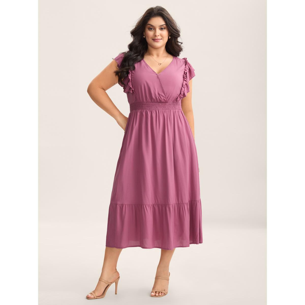 Plus Size Rayon Ruffled Shirred Waist Solid Midi Dress Peach Women Overlap Collar Cap Sleeve Curvy BloomChic 26/4X Product Image