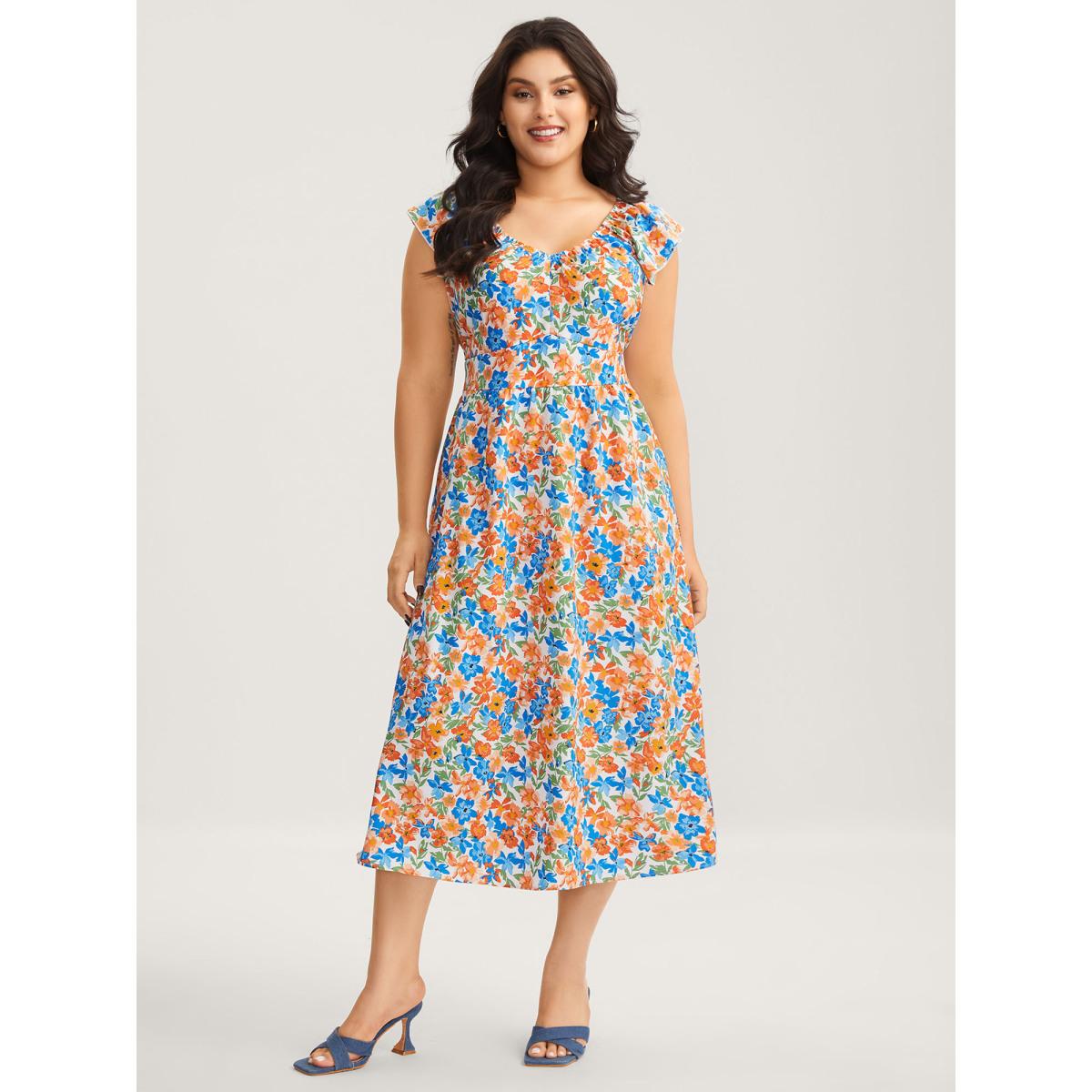 Plus Size Floral Print Stretchy Waist Flutter Midi Dress Multicolor Women V-neck Cap Sleeve Curvy BloomChic 18-20/2X Product Image