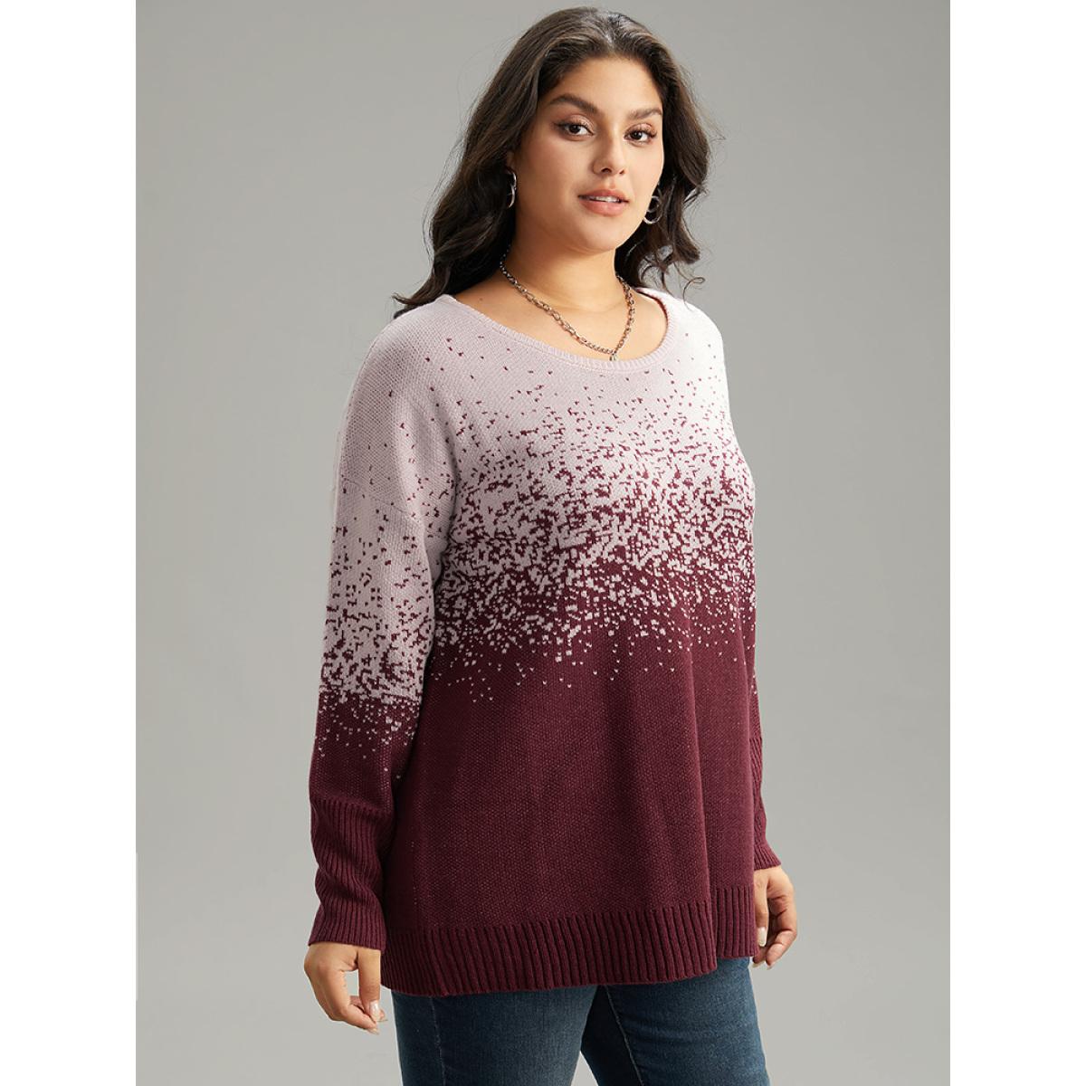 Plus Size Ombre Contrast Heather Round Neck Pullover Burgundy Women Casual Loose Long Sleeve Round Neck Dailywear Pullovers BloomChic 22-24/3X Product Image
