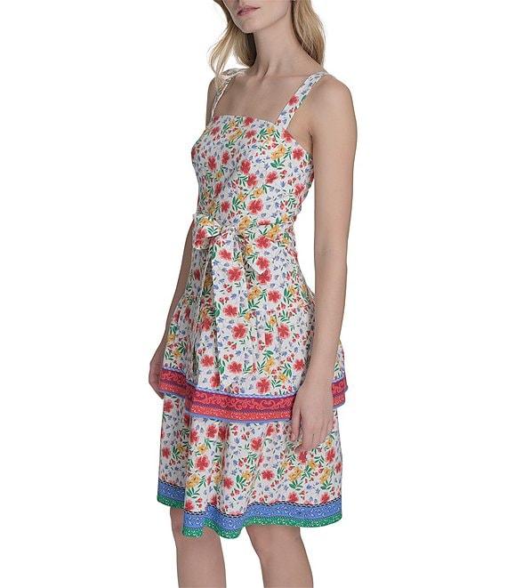 Eliza J Poplin Floral Print Square Neck Sleeveless Bow Tie Ruffle A-Line Dress Product Image