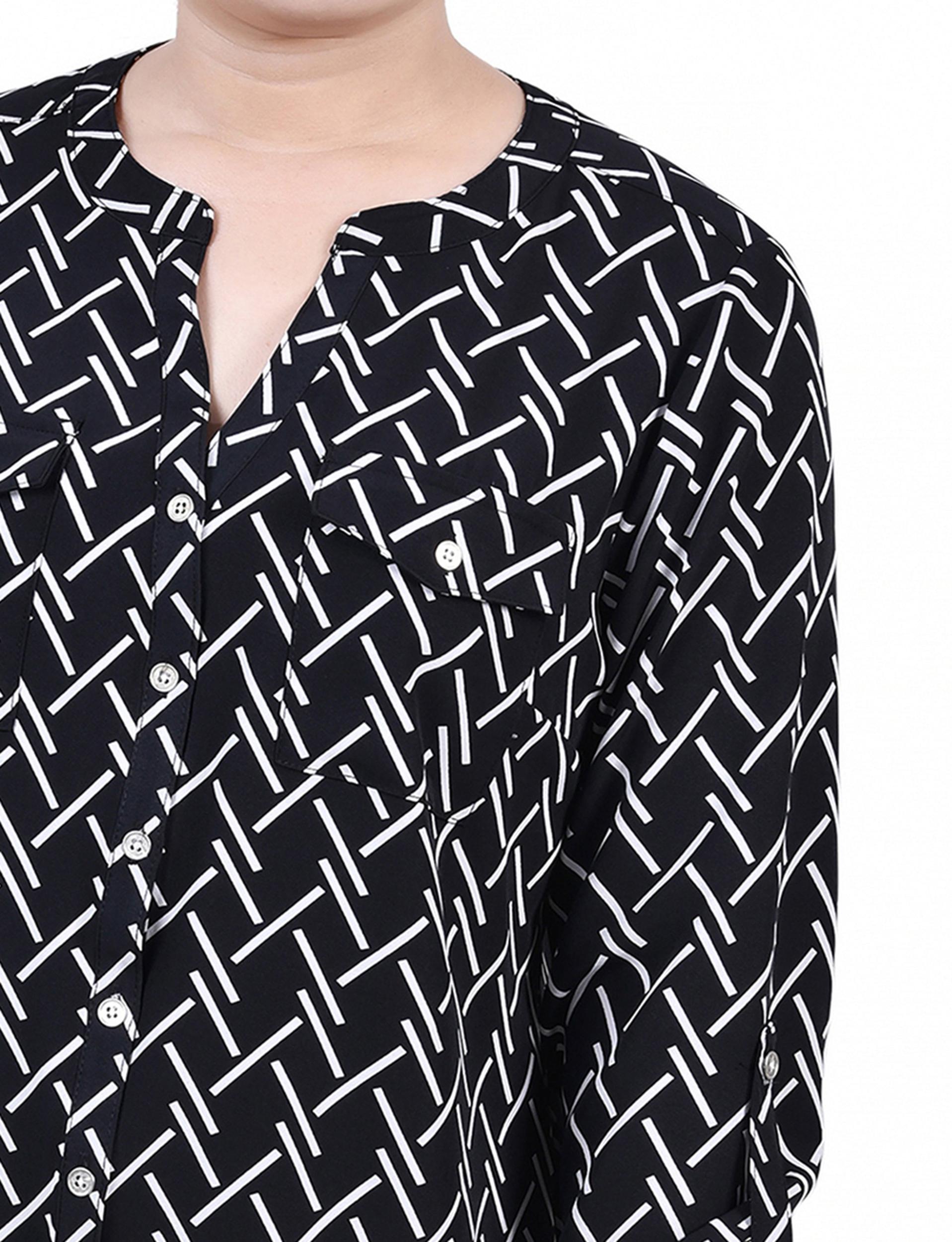 Black White Line Abstract Line 3/4 Roll Tab Sleeve Mandarin Collar Blouse - Petite Product Image