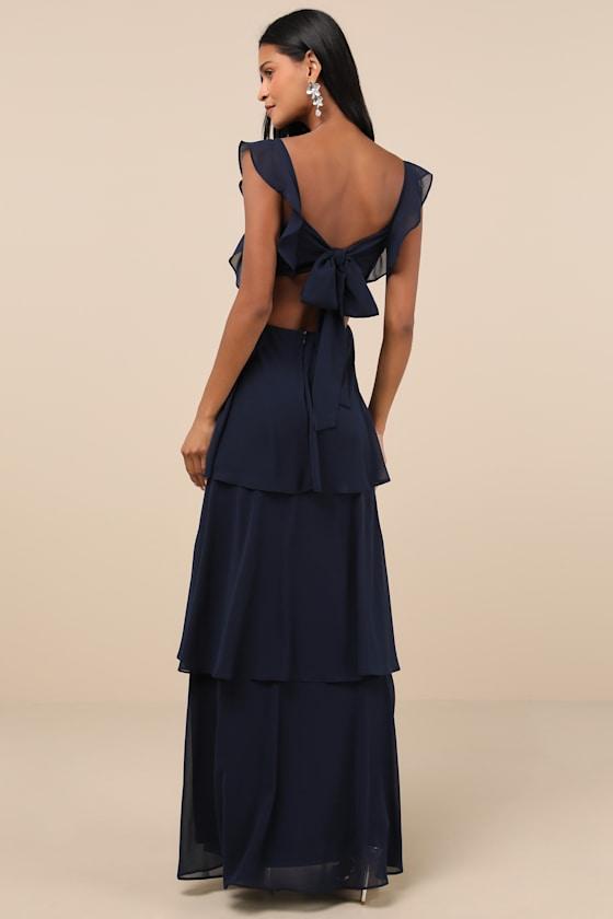Elegant Event Navy Ruffled Tie-Back Tiered Maxi Dress Product Image