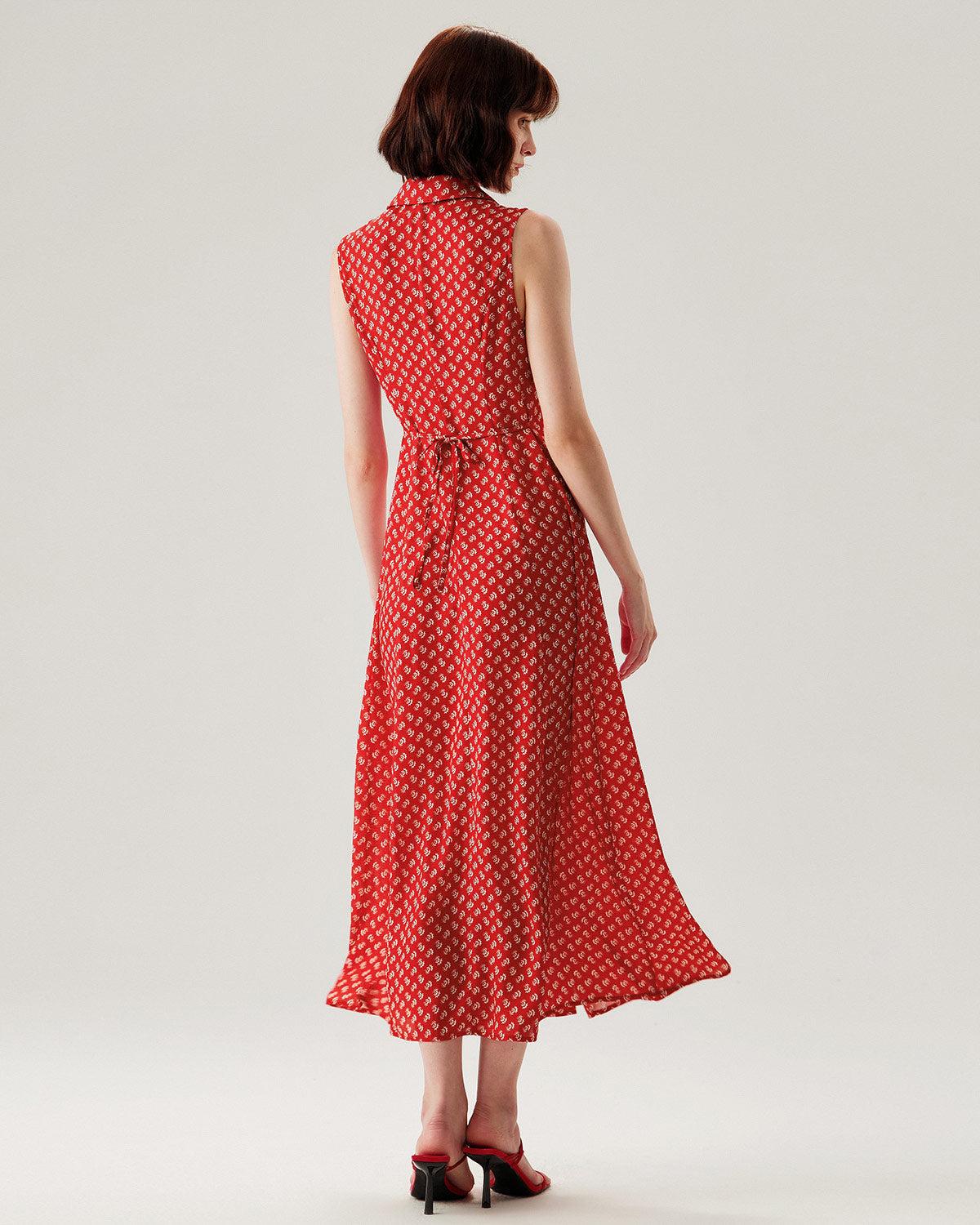 Red Floral Button Sleeveless Maxi Dress Product Image