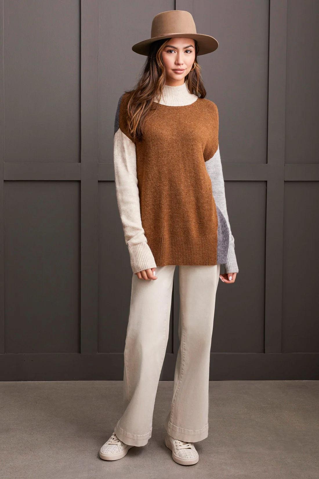 Mock Neck Colorblock Sweater- Heathered Walnut Product Image