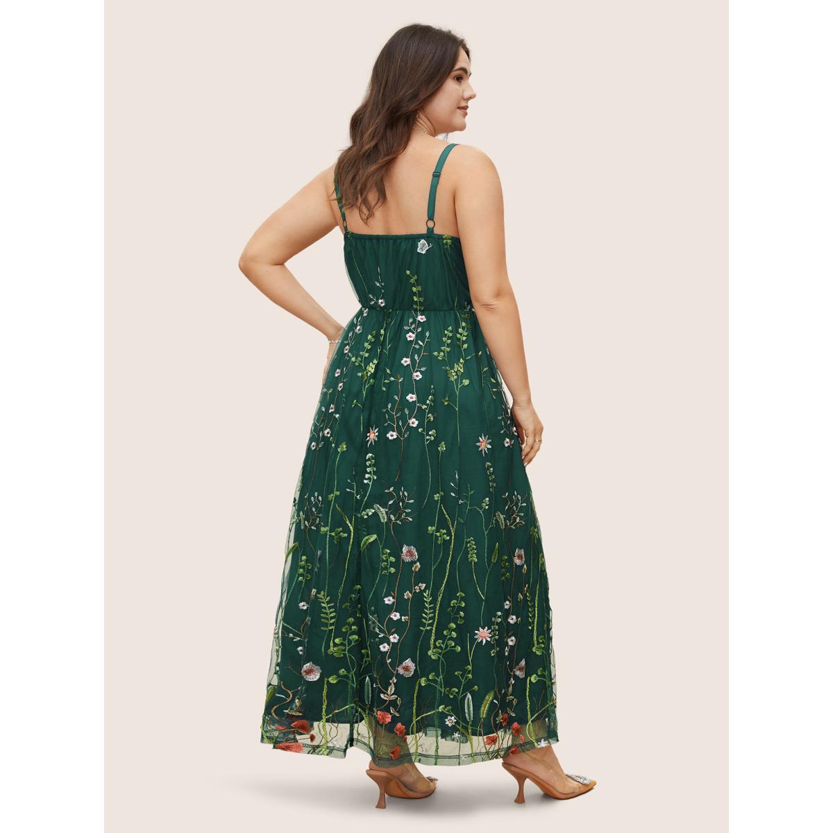 Plus Size U Neck Floral Embroidered Mesh Cami Dress DarkGreen Women Formal U-neck Sleeveless Curvy BloomChic 22-24/3X Product Image