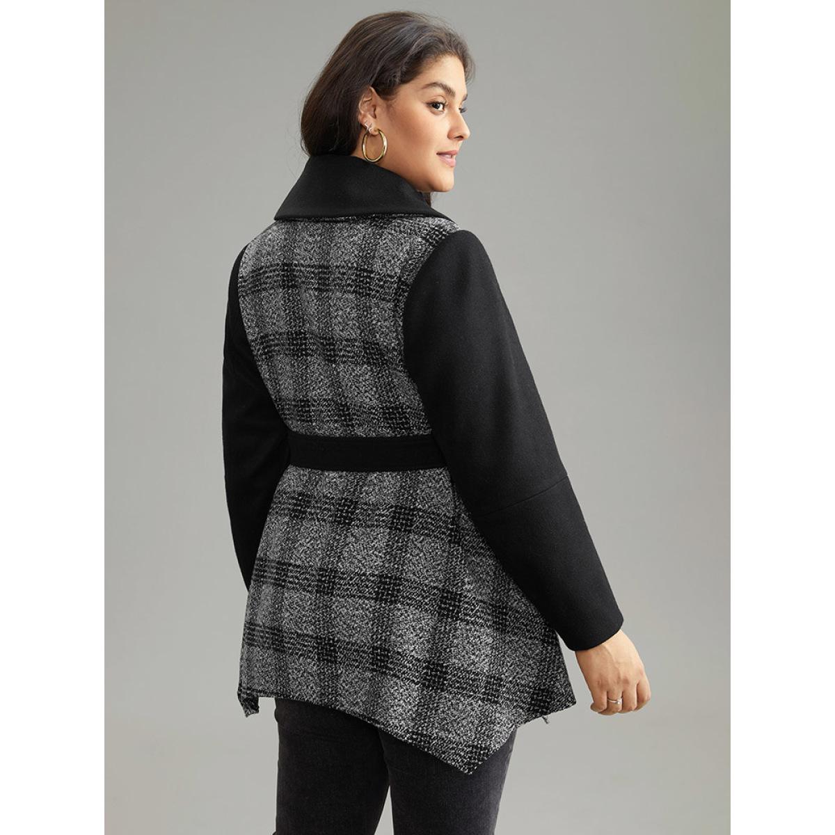 Plus Size Plaid Belted Lapel Collar Button Up Coat Women Black Casual Belted Ladies Dailywear Winter Coats BloomChic 30/6X Product Image