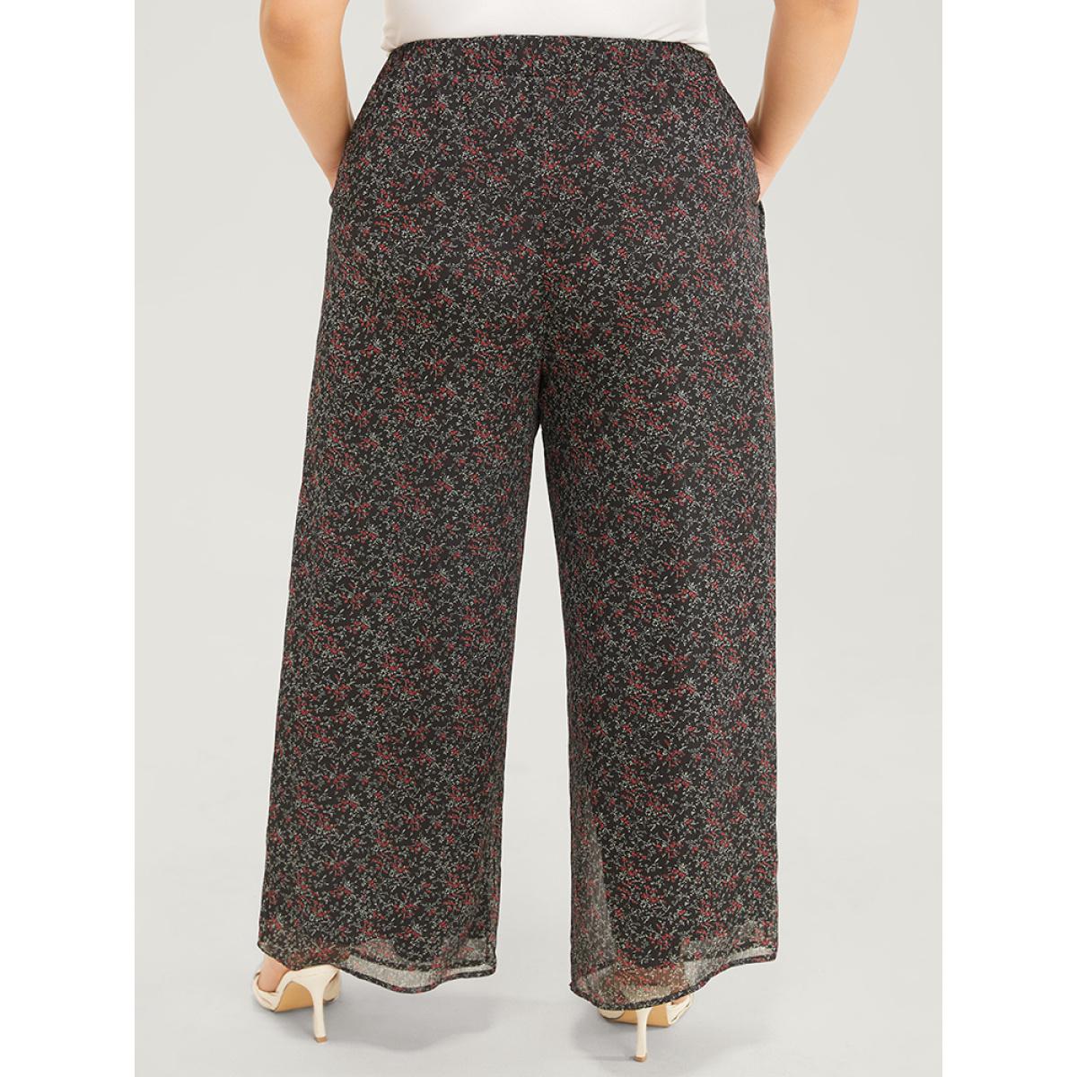 Plus Size Ditsy Floral Pocket Elastic Waist Pants Women Black Elegant Mid Rise Dailywear Pants BloomChic 14-16/1X Product Image