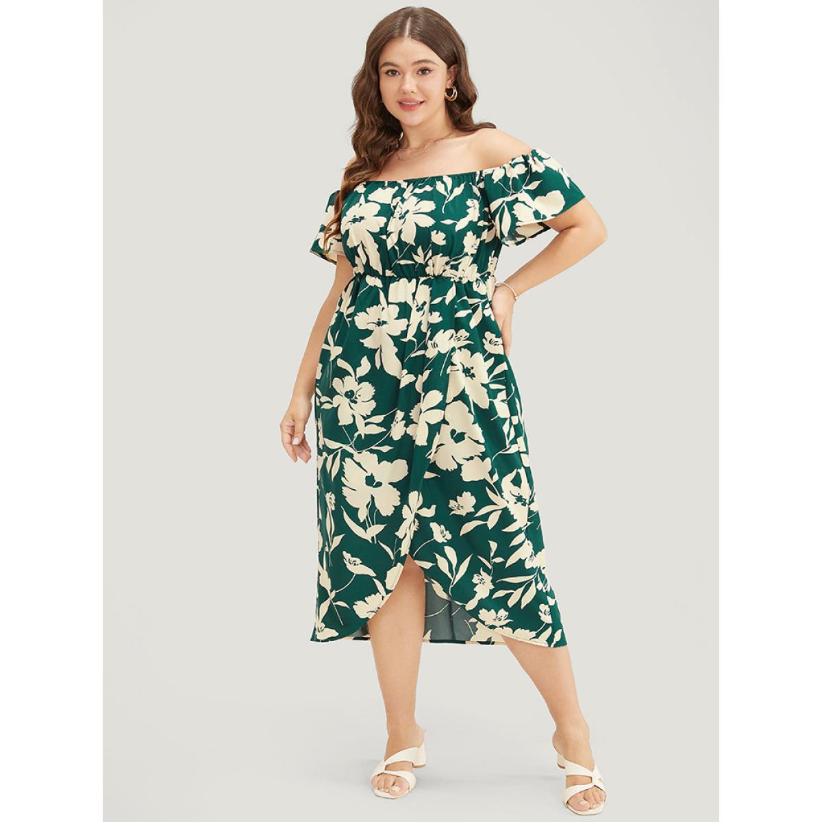 Plus Size Floral Ruffles Pleated Split Hem Pocket Off Shoulder Dress Emerald Women Elegant Printed One-shoulder neck Short sleeve Curvy Midi Dress BloomChic 30/6X Product Image