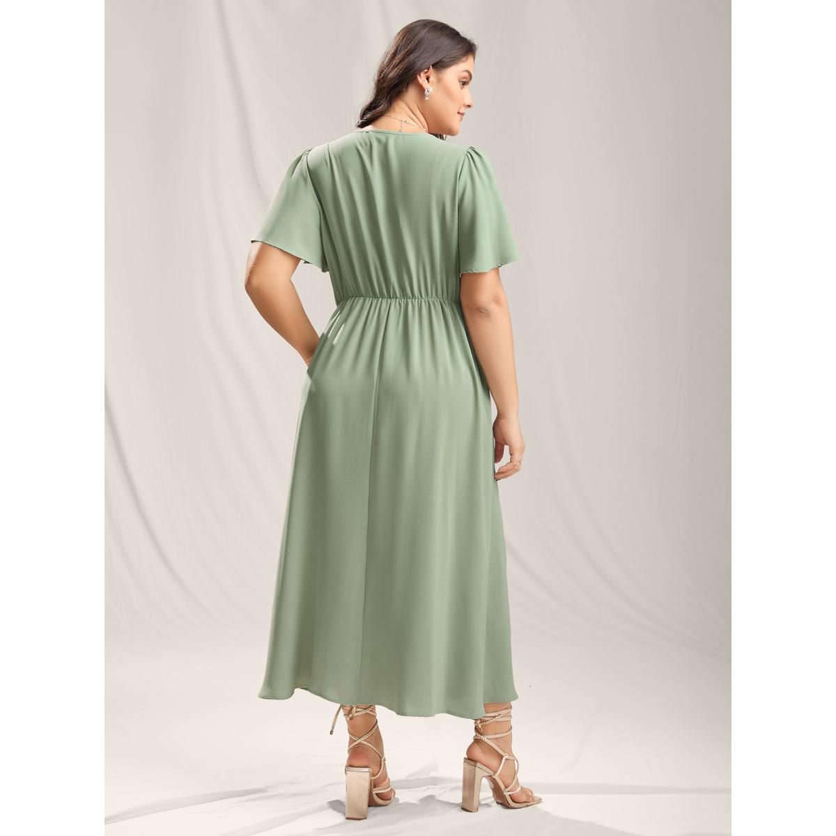 Plus Size Lace Panel Cinched-Waist Maxi Dress Sage Women Romantic V-neck Short sleeve Curvy BloomChic 26/4X Product Image