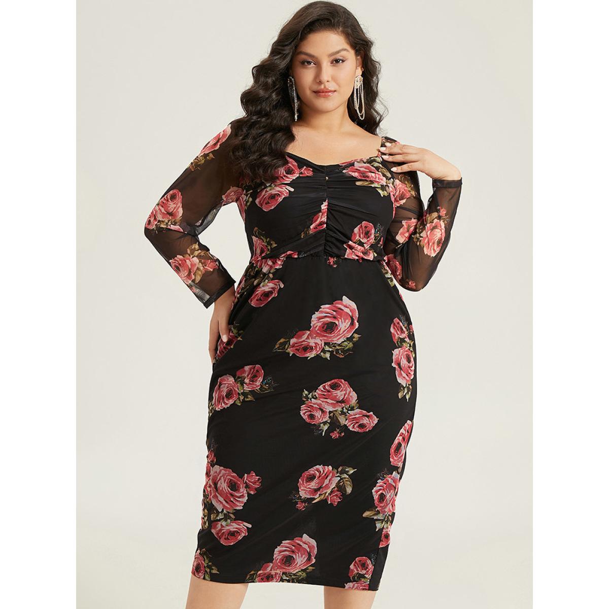 Plus Size Floral Mesh Patchwork Ruched Square Neck Split Hem Dress BlackFlower Women Cocktail Gathered Square Neck Long Sleeve Curvy Midi Dress BloomChic 26/4X Product Image