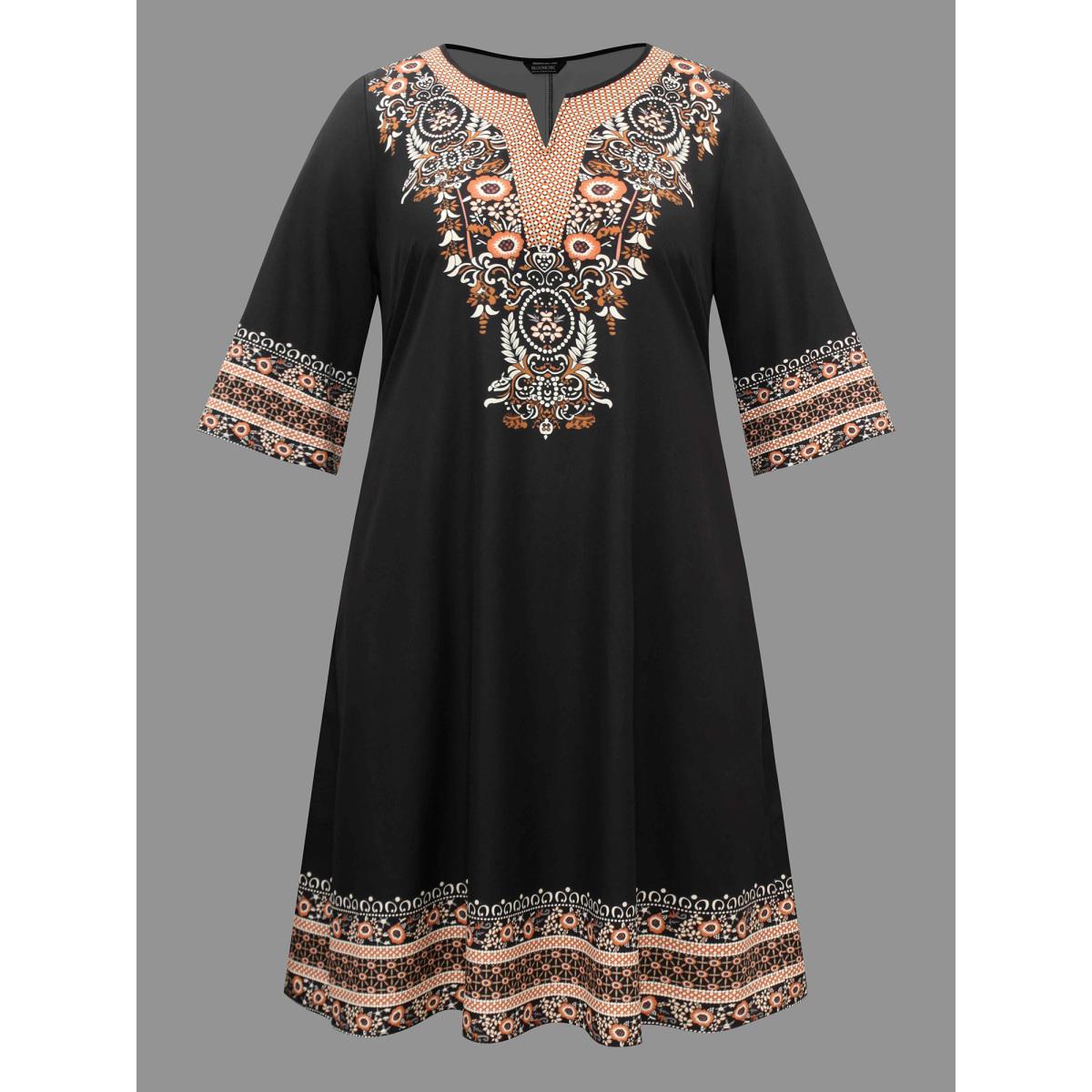 Plus Size Notched Collar Boho Print Pocket Dress BlackFlower Women Resort Non Notched collar Elbow-length sleeve Curvy BloomChic 22-24/3X Product Image
