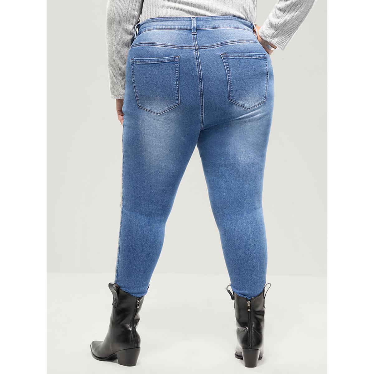 Plus Size Skinny Very Stretchy High Rise Asymmetrical Distressed Jeans Women Blue Casual Plain High stretch Pocket Jeans BloomChic 20/2X Product Image