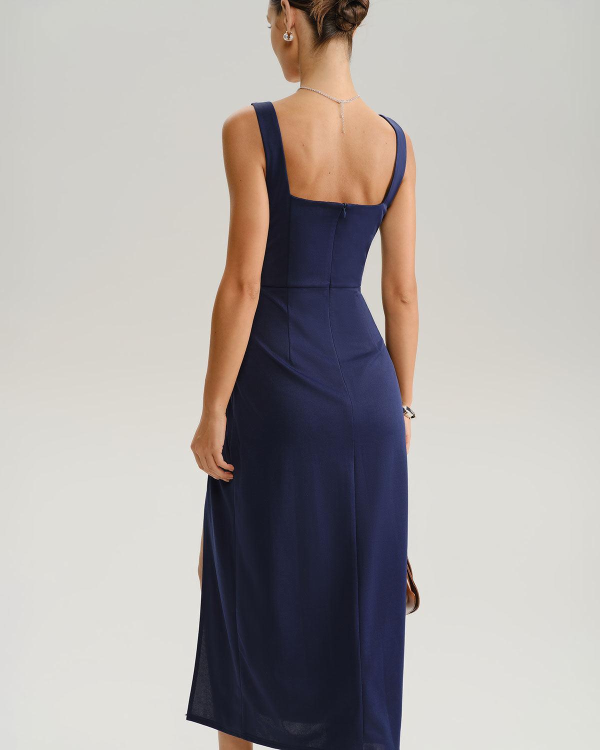 Navy Ruched Slit Slip Maxi Dress Product Image