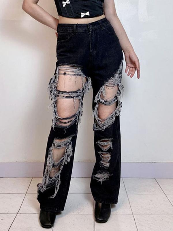 Distressed Design With High Waist And Slimming Effect Ripped Jeans Product Image