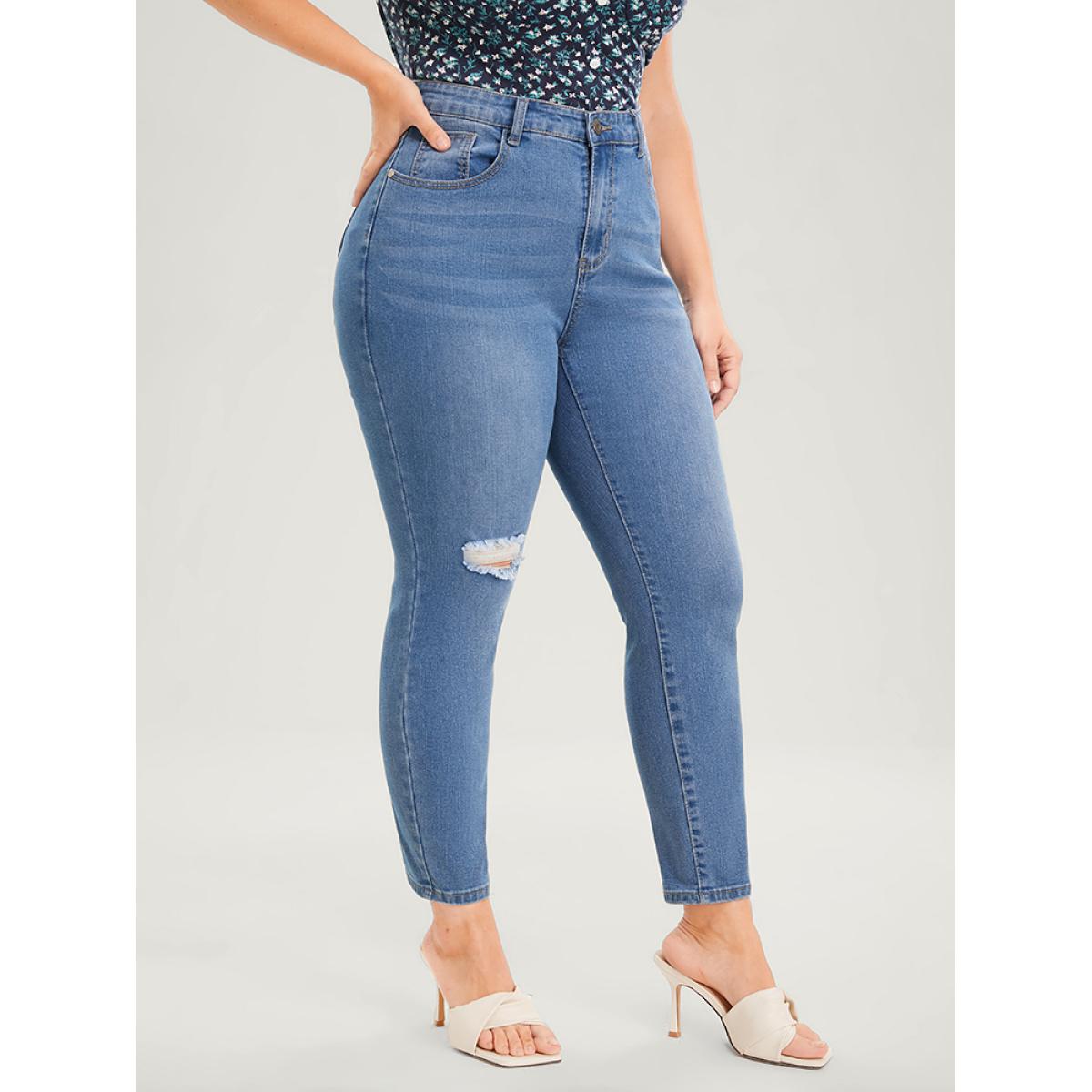 Plus Size Skinny Very Stretchy High Rise Medium Wash Distressed Ankle Jeans Women Blue Casual Plain Plain High stretch Pocket Jeans BloomChic 30/6X Product Image