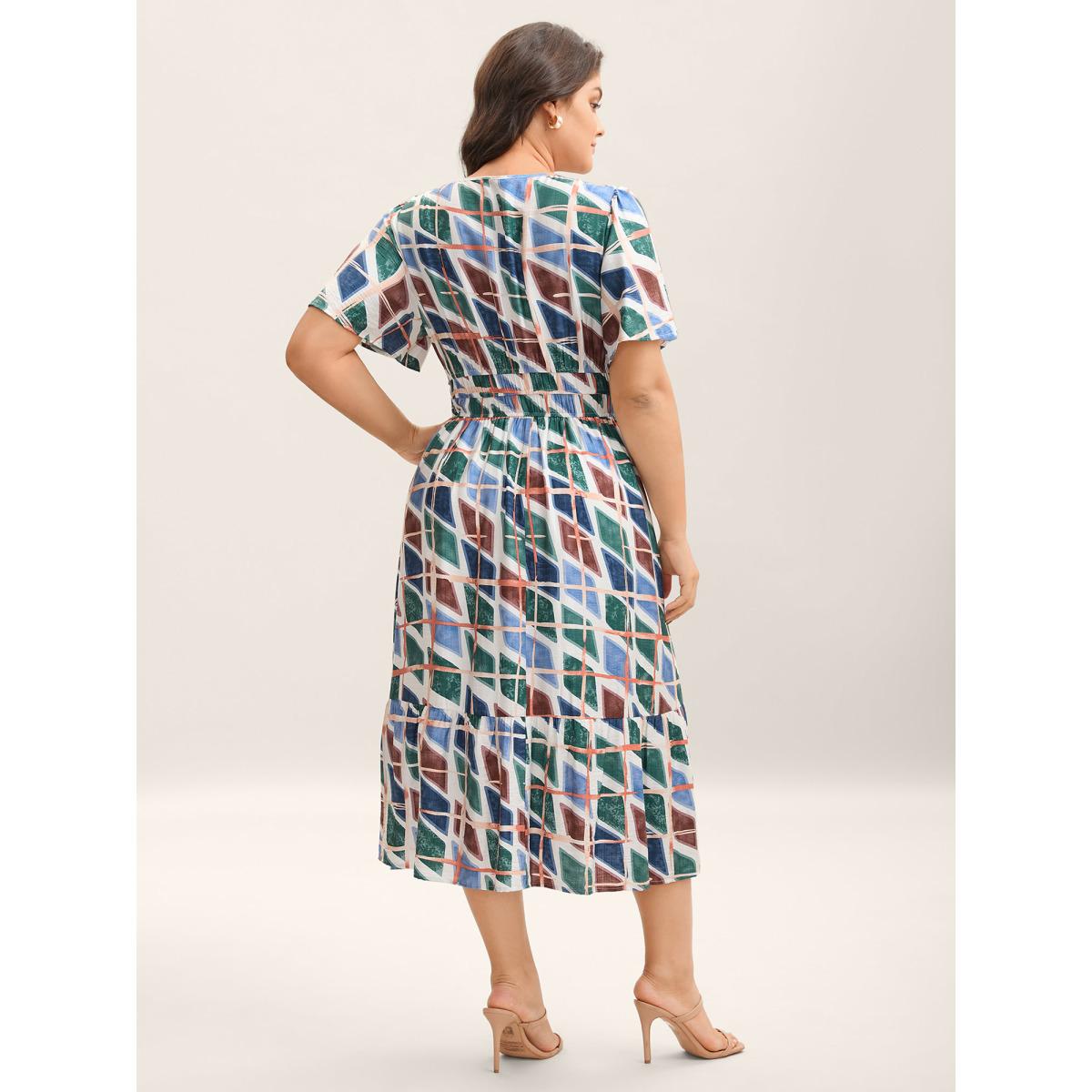 Plus Size Abstract Print Stretchy Waist Midi Dress Multicolor Women V-neck Short sleeve Curvy BloomChic 12/L Product Image
