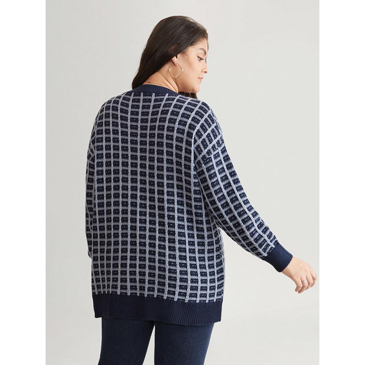 Plus Size Gingham Plisse V Neck Elastic Cuffs Pullover Midnight Women Casual Loose Long Sleeve V-neck Dailywear Pullovers BloomChic 12/L Product Image