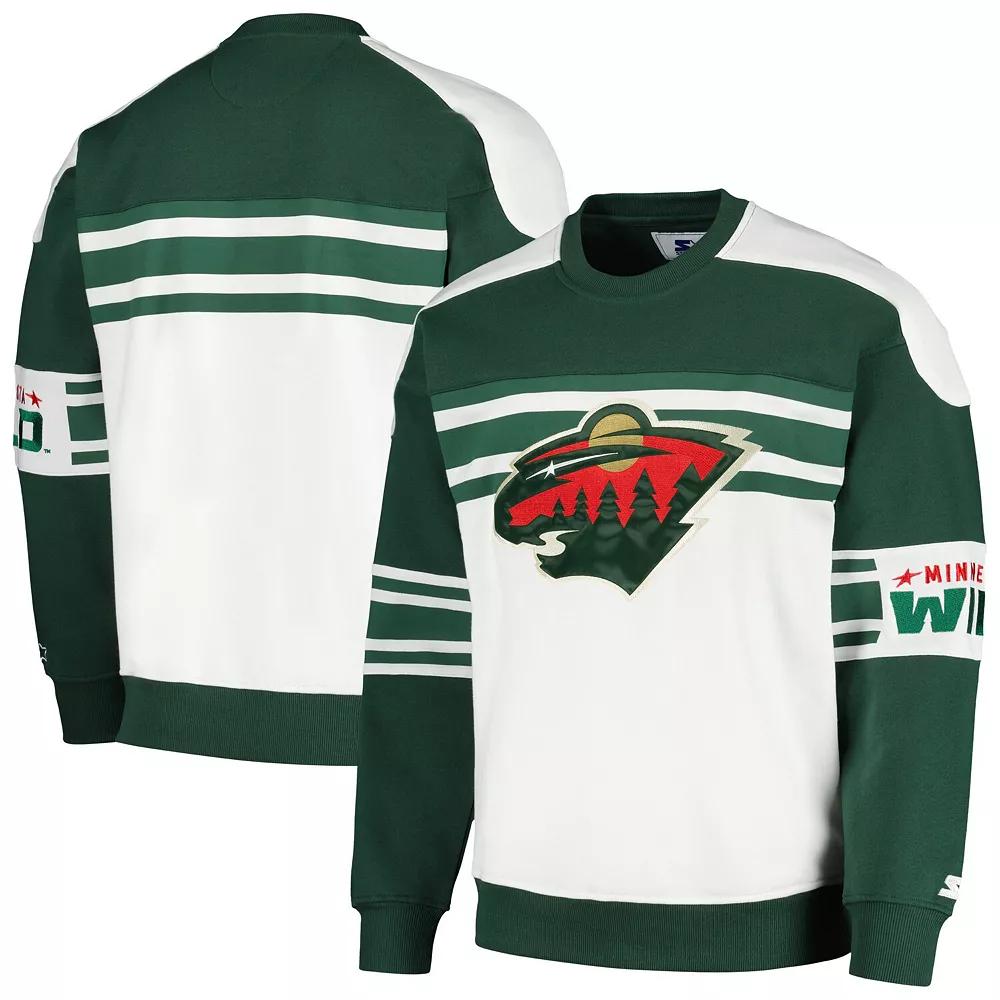 Men's Starter White Minnesota Wild Defense Fleece Crewneck Pullover Sweatshirt,  Product Image