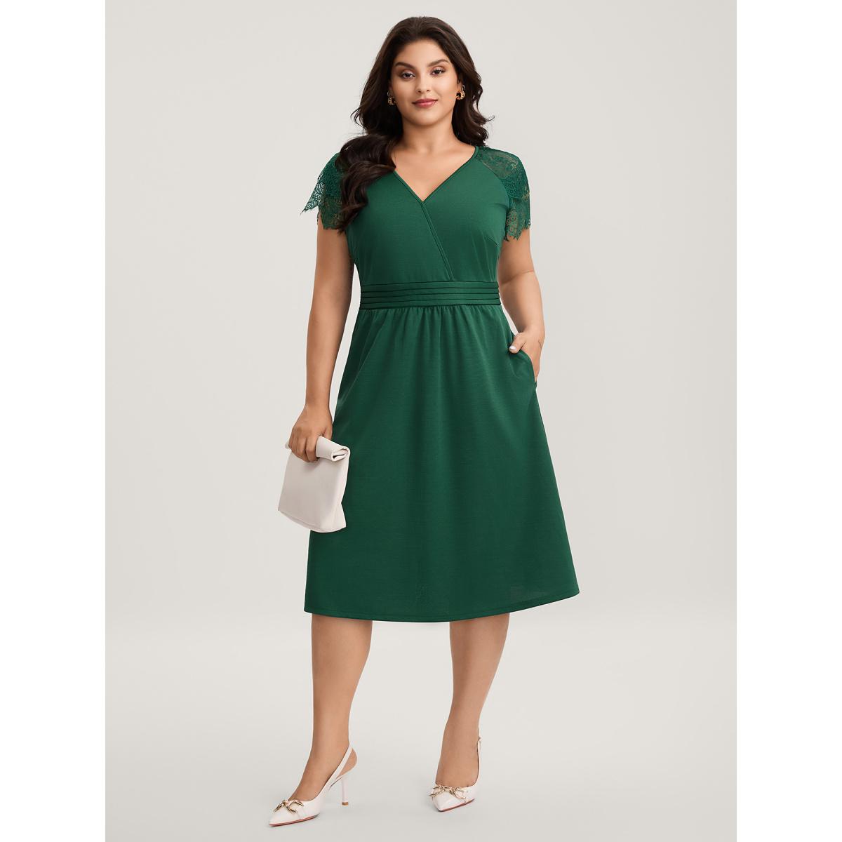 Plus Size Layered Lace Sleeve Cinched-Waist Midi Dress Truegreen Women V-neck Cap Sleeve Curvy BloomChic 28/5X Product Image