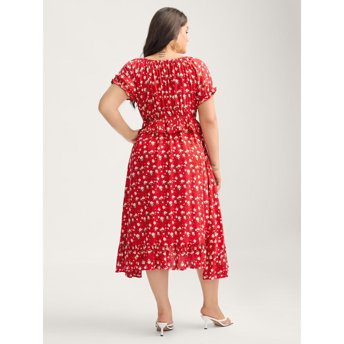 Plus Size Romantic Floral Cinched-Waist Midi Dress Raspberry Women V-neck Short sleeve Curvy BloomChic 12/L Product Image
