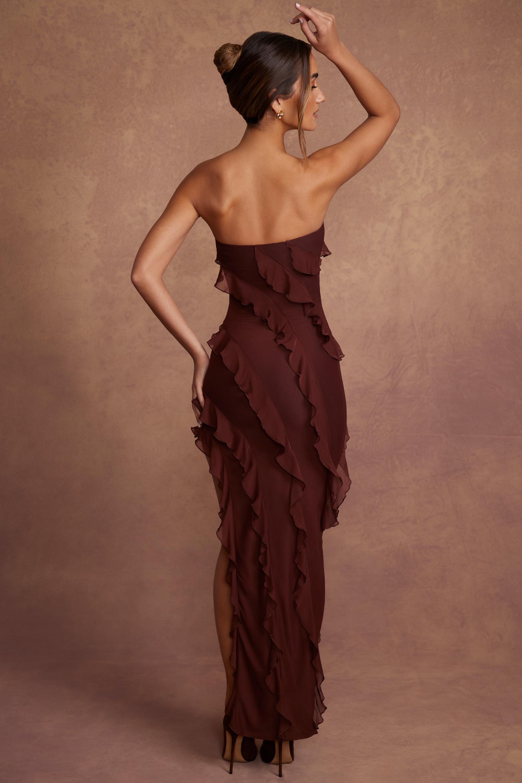 Bandeau Ruffle Detail Maxi Dress in Brown Product Image