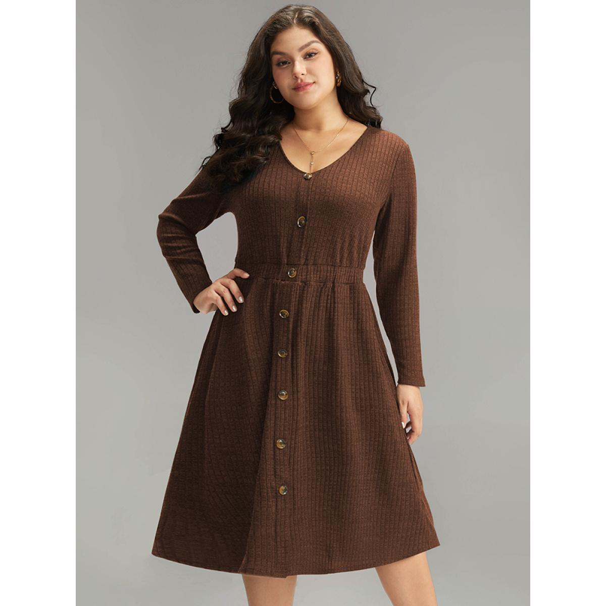 Plus Size Rib Knit Button Detail Pocket Dress Chocolate Women Casual Plain V-neck Long Sleeve Curvy Midi Dress BloomChic 26/4X Product Image