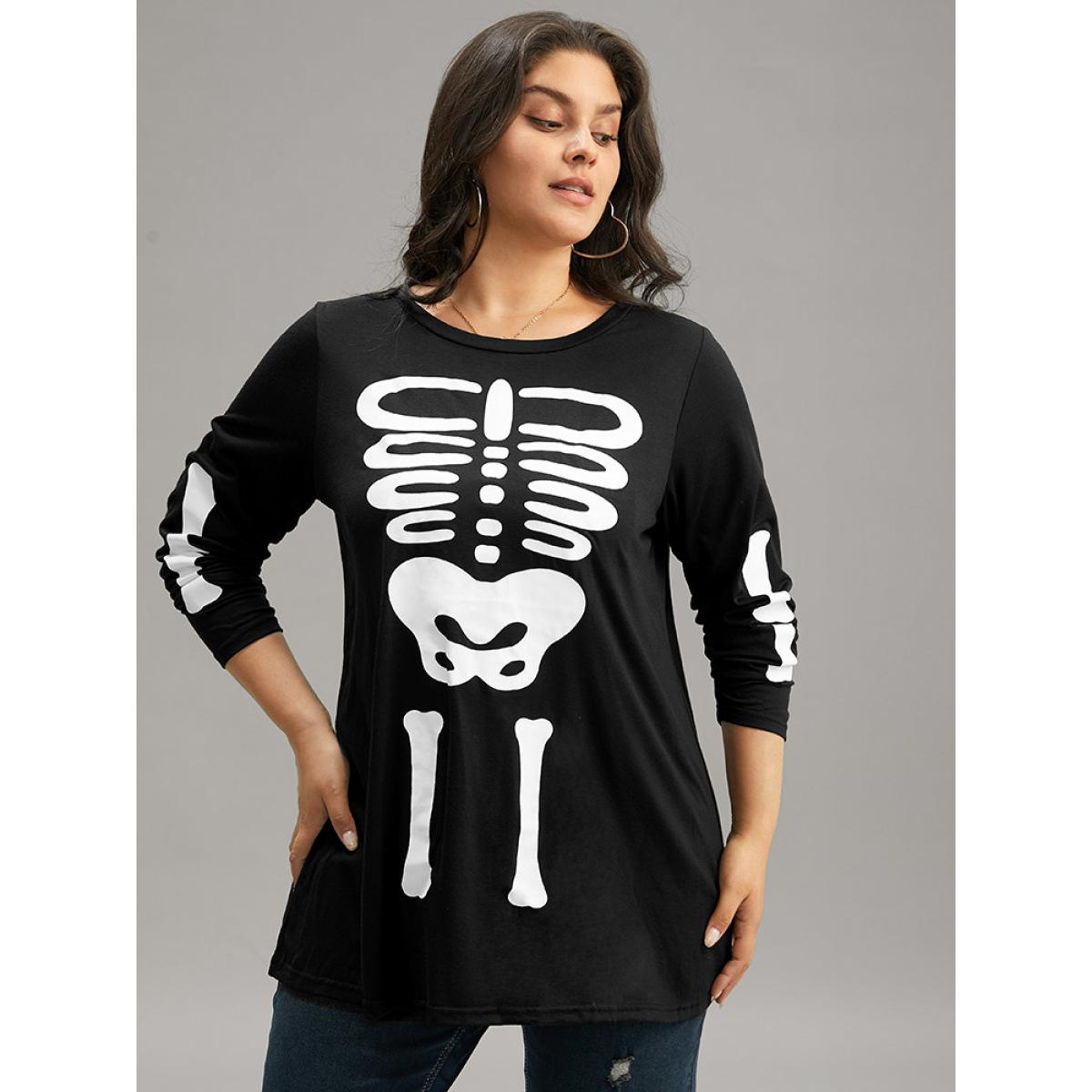 Plus Size Halloween Skull Print Crew Neck T-shirt Black Women Casual Printed Halloween Round Neck Festival-Halloween T-shirts BloomChic 10/M Product Image