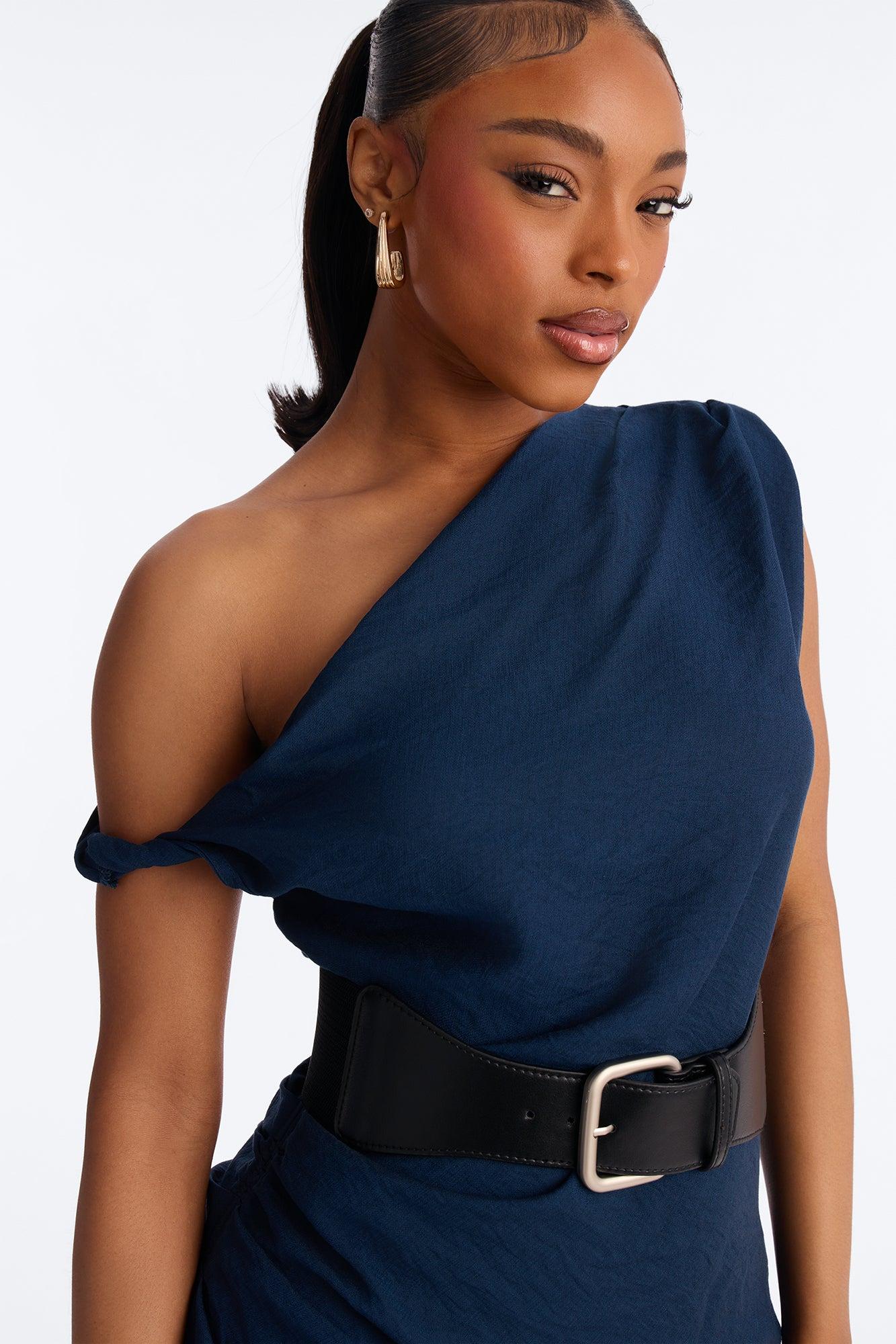 Willow Belted Asymmetrical Pant Set - Navy Female Product Image