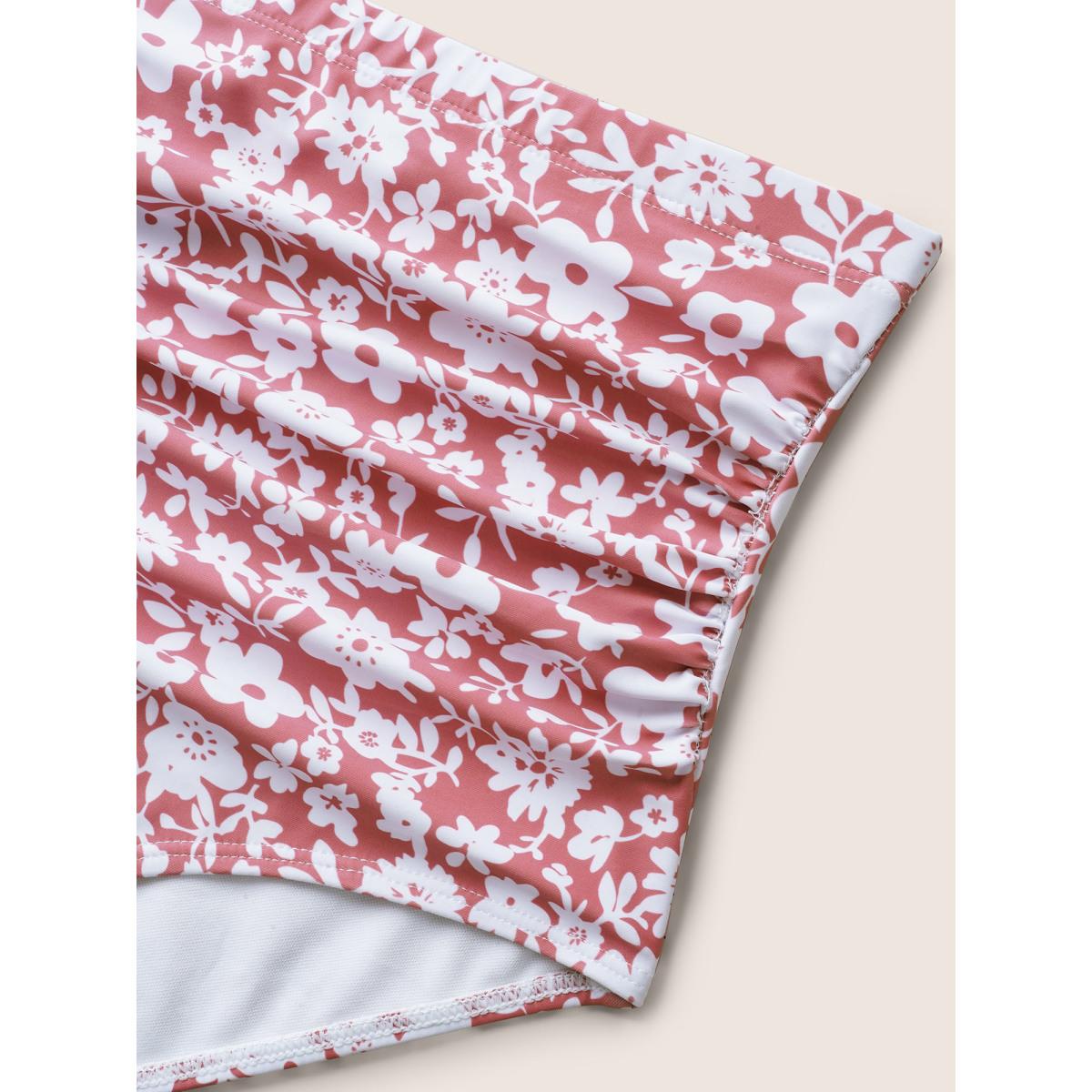 Plus Size Ditsy Floral Keyhole Split Hem Ruched Swim Dress Women's Swimwear Salmon Beach Bodycon Asymmetrical Neck High stretch Curve Swim Dresses BloomChic 18-20/2X Product Image