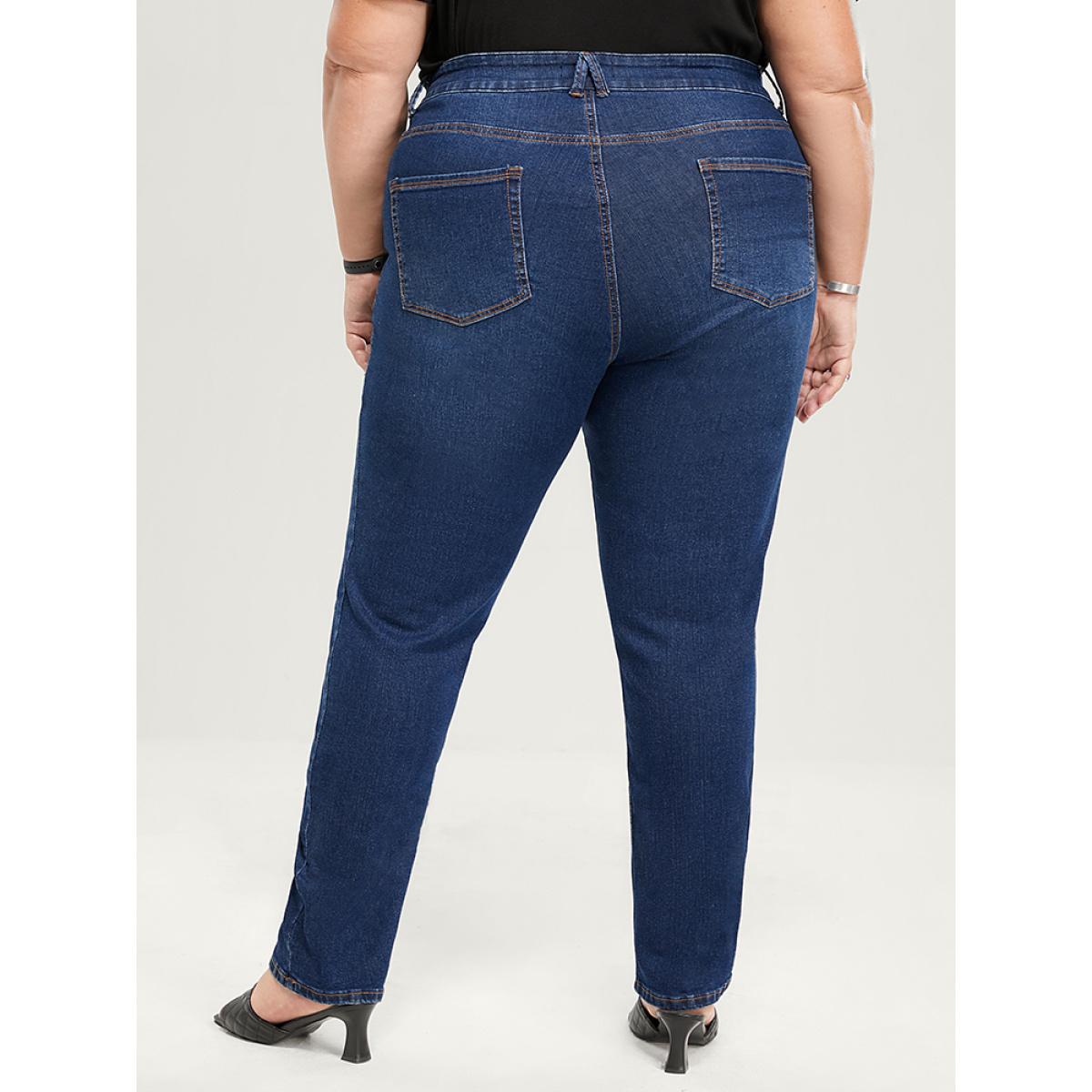 Plus Size Straight Very Stretchy High Rise Dark Wash Jeans Women DarkBlue Casual Plain Plain High stretch Pocket Jeans BloomChic 12/L Product Image