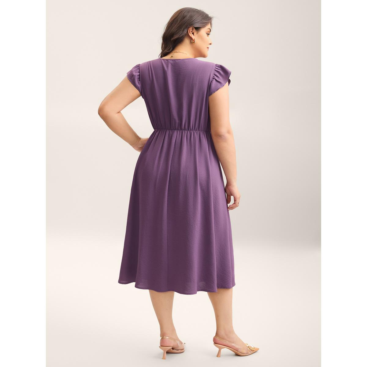 Plus Size Solid Surplice Neck Pockets Midi Dress Mauve Women At the Office Twist Overlap Collar Cap Sleeve Curvy BloomChic 14-16/1X Product Image