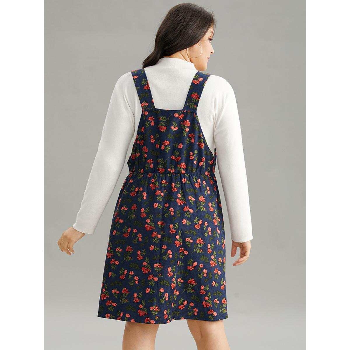 Plus Size Ditsy Floral Corduroy Pocket Zipper Fly Cami Dress Stone Women Casual Printed Square Neck Sleeveless Curvy Knee Dress BloomChic 30/6X Product Image