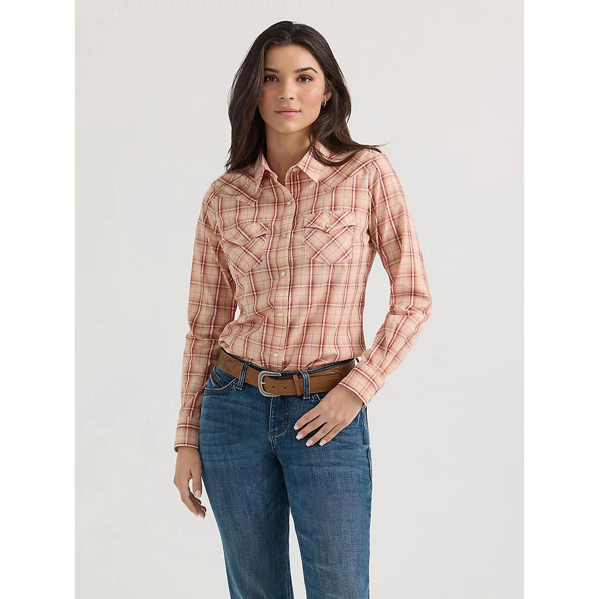 Women's Essential Long Sleeve Plaid Western Snap Top in Peachy Product Image