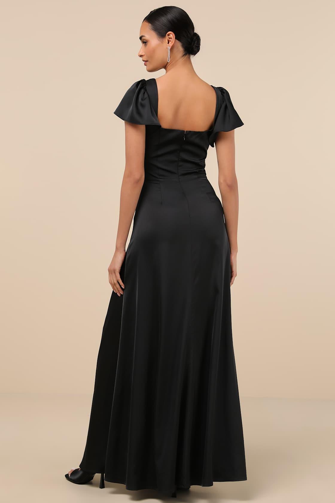 Ultimate Sweetness Black Satin Flutter Sleeve Maxi Dress Product Image