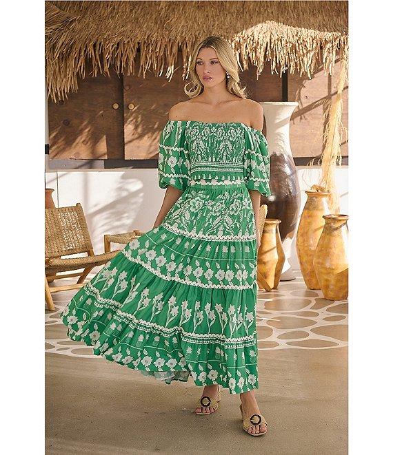 Sugarlips Coordinating Printed Off The Shoulder Short Puff Sleeve Rick Rack Trimmed Smocked Crop Top Product Image