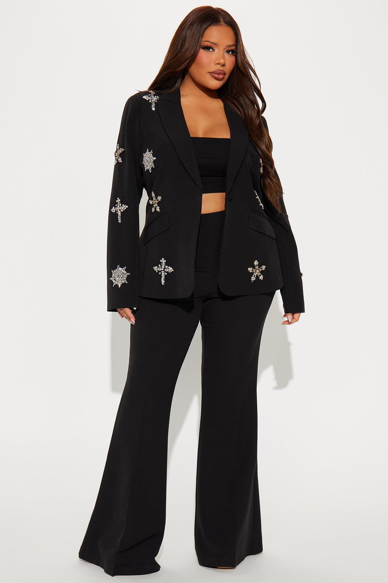 Star Studded Blazer Pant Set - Black Product Image