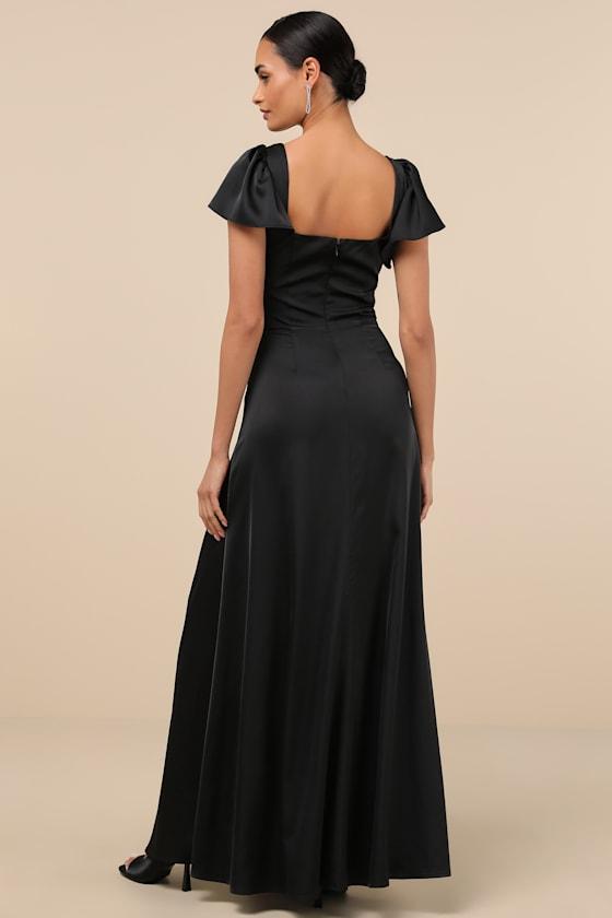 Ultimate Sweetness Black Satin Flutter Sleeve Maxi Dress Product Image