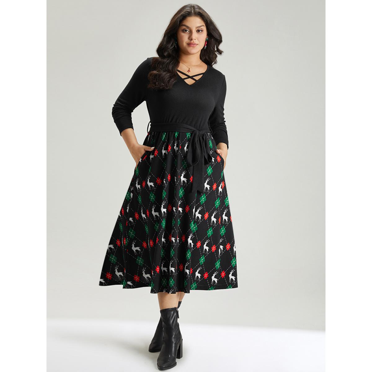 Plus Size Christmas Elk Crisscross Belted Pocket Dress Black Women Office Belted V-neck Long Sleeve Curvy Midi Dress BloomChic 12/L Product Image