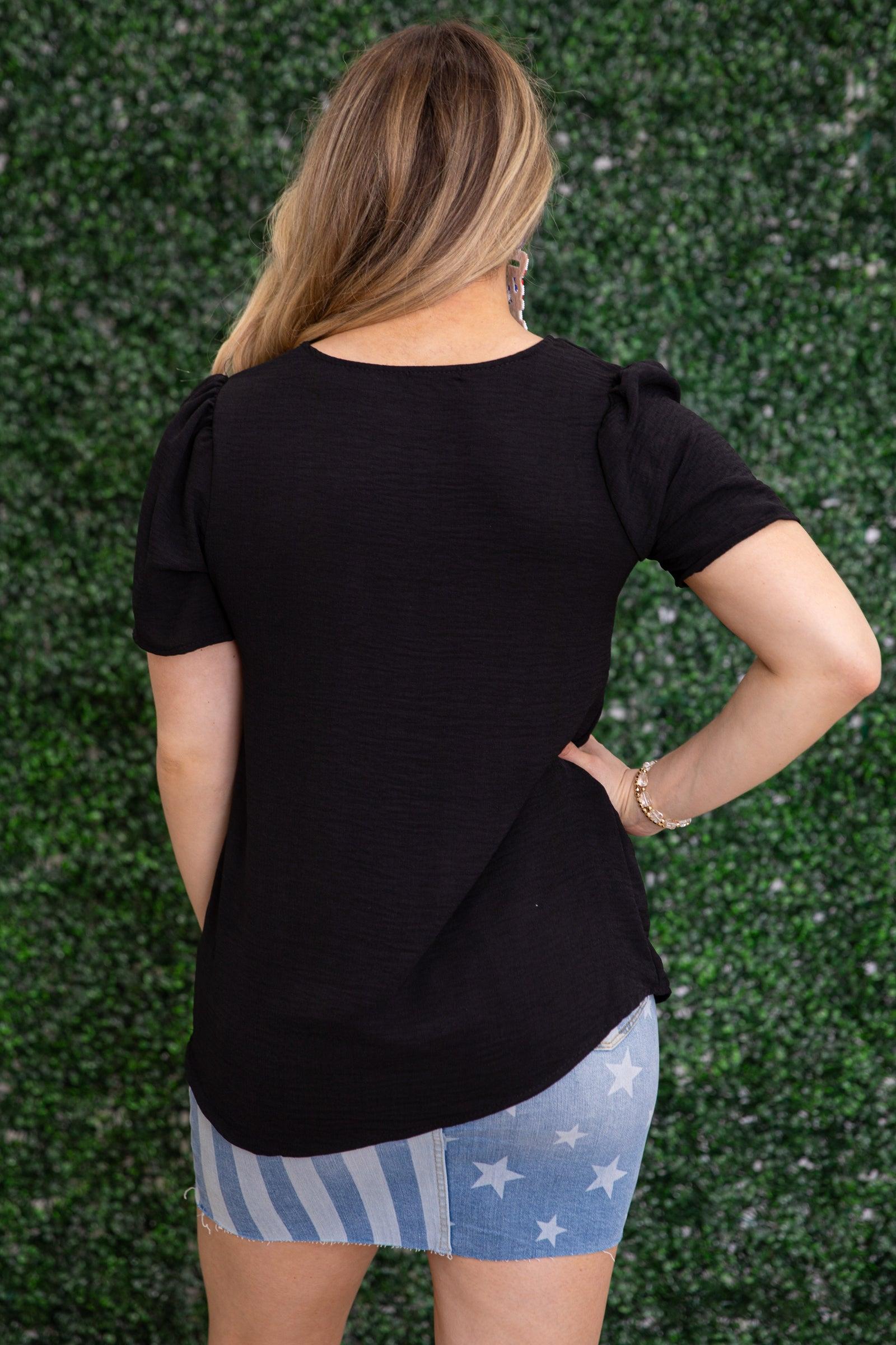 Black Woven Short Sleeve High Low Top Product Image