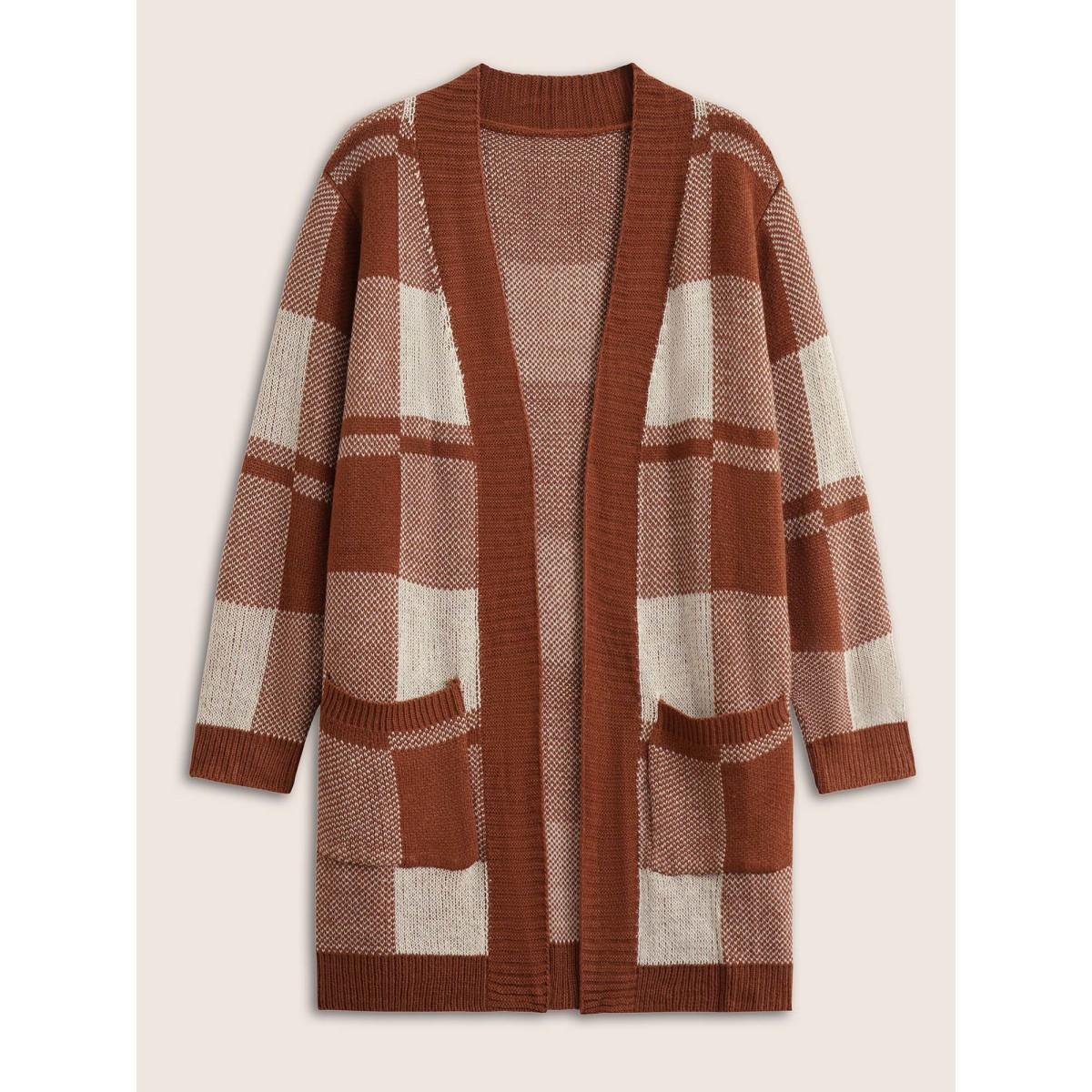 Plus Size Contrast Colorblock Pocket Open Front Cardigan Brown Women Casual Loose Long Sleeve Dailywear Cardigans BloomChic 28/5X Product Image